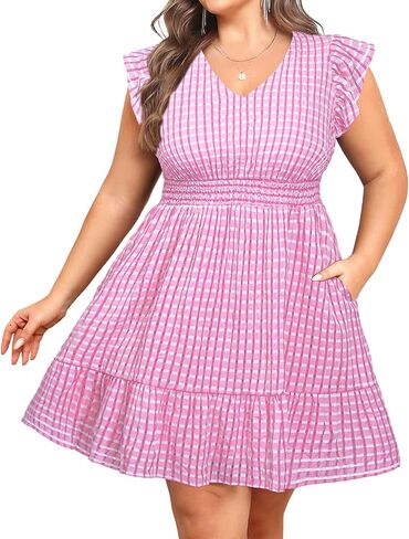 Women's Plus Size Summer Dress - Casual V-Neck Flutter Sleeves A-Line Short Sun Dress with Pockets for Beach Vacation in Kuwait