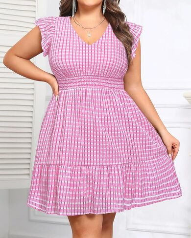 Women's Plus Size Summer Dress - Casual V-Neck Flutter Sleeves A-Line Short Sun Dress with Pockets for Beach Vacation in Kuwait