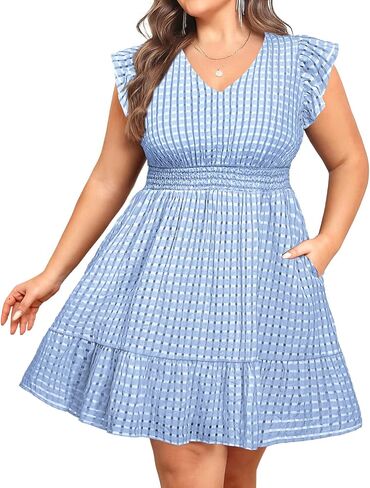 Women's Plus Size Summer Dress - Casual V-Neck Flutter Sleeves A-Line Short Sun Dress with Pockets for Beach Vacation in Kuwait