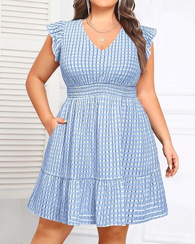 Women's Plus Size Summer Dress - Casual V-Neck Flutter Sleeves A-Line Short Sun Dress with Pockets for Beach Vacation in Kuwait