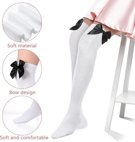 Women's Cotton Opaque Knee High Socks 1 Pair Smooth Edge Bow Socks Cute Soft Knee Uniform Dress Sock with Bow Decorations for Women Daily Lolita Gothic - White with Black Bows in Saudi Arabia