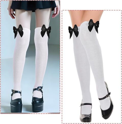 Women's Cotton Opaque Knee High Socks 1 Pair Smooth Edge Bow Socks Cute Soft Knee Uniform Dress Sock with Bow Decorations for Women Daily Lolita Gothic - White with Black Bows in Saudi Arabia