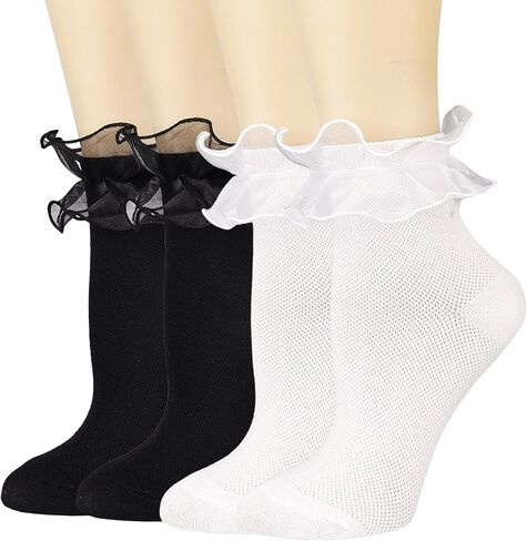 Bivolu Womens Crew Socks Lace Frilly Cotton Cuty Cute Princess Conkle Socks for Girl 4 Pack in Kuwait