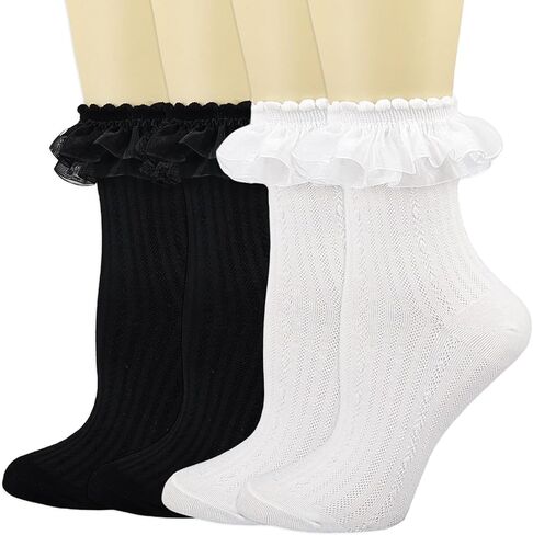 Bivolu Womens Crew Socks Lace Frilly Cotton Cuty Cute Princess Conkle Socks for Girl 4 Pack in Kuwait