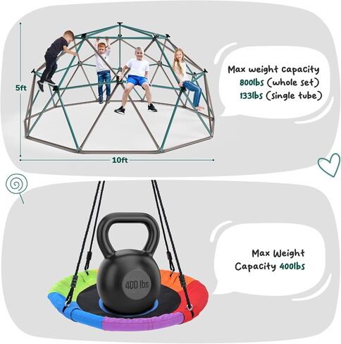 Hapfan 10ft Climbing Dome Swing Set with Saucer Swing, Jungle Gym for Kids Outdoor Backyard, Supports 800lbs, Easy Asssembly, Rust-Resistant in Saudi Arabia