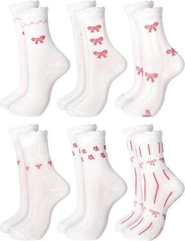 6 Pairs Coquette Pink Bow Ruffled Ankle Socks for Women Cute Breathable Thin Cool Frilly Socks in Saudi Arabia