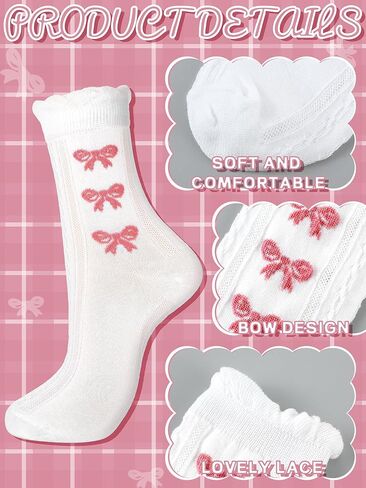 6 Pairs Coquette Pink Bow Ruffled Ankle Socks for Women Cute Breathable Thin Cool Frilly Socks in Saudi Arabia