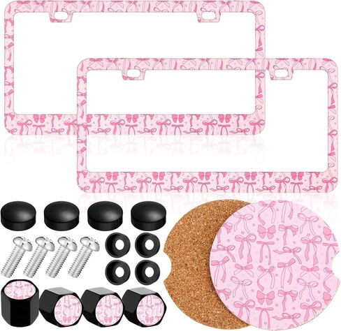 Honeydak Pink Plate Frame 2 Pow Lucky Plate Frame 2 Cork Car Cup Mat 4 Valve Ste Caps Pink Coquette Bow Car Accessories for Women Gifts Truck SUV Automobile Aportory (Classic Style) in Saudi Arabia