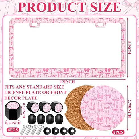 Honeydak Pink Plate Frame 2 Pow Lucky Plate Frame 2 Cork Car Cup Mat 4 Valve Ste Caps Pink Coquette Bow Car Accessories for Women Gifts Truck SUV Automobile Aportory (Classic Style) in Saudi Arabia
