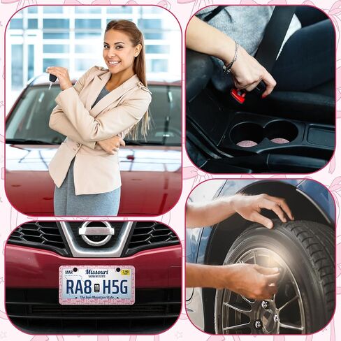 Honeydak Pink Plate Frame 2 Pow Lucky Plate Frame 2 Cork Car Cup Mat 4 Valve Ste Caps Pink Coquette Bow Car Accessories for Women Gifts Truck SUV Automobile Aportory (Classic Style) in Saudi Arabia
