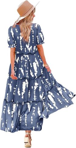 Yesno Summer Summer Disual Bohemian Floral Dresses for Women Puff Short Sleeve Long Maxi Dress مع جيوب Etx in Kuwait