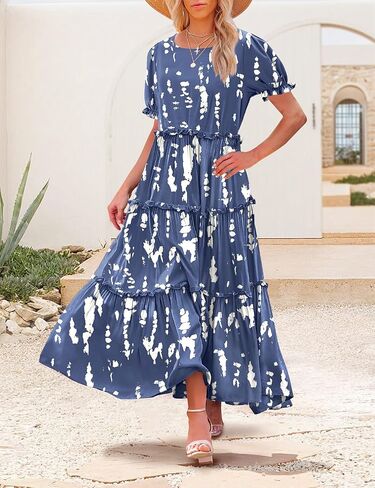 Yesno Summer Summer Disual Bohemian Floral Dresses for Women Puff Short Sleeve Long Maxi Dress مع جيوب Etx in Kuwait