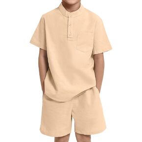 Jiamy Boy's 2 قطعة صيفية الملابس غير الرسمية Henley زر أسفل القمصان القصيرة الأكمام ومجموعات قصيرة سراويل ملابس الأطفال in Kuwait