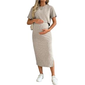 SHENHE Women's Maternity Ribbed 2 Piece Outfits Short Sleeve Crop Top Bodycon Slit Midi Skirt Set in Kuwait