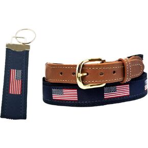 American Flag Belt on Navy Webbing, Leather Tips, with American Flag Key Chain in Saudi Arabia