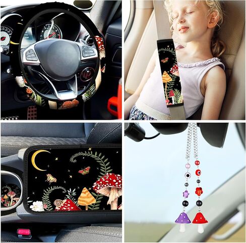 17 Pcs Mushroom Car Seat Covers Mushroom Car Accessories Full Set for Women Men Automotive Rear Front Seat Protector View Mirror Hanging Ornament Steering Wheel Belt Cover (Cool Mushroom) in Kuwait