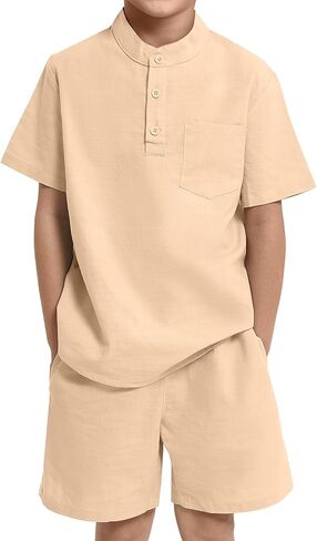 JiAmy Boy's 2 Piece Summer Outfits Casual Henley Button Down Short Sleeve Shirts and Short Sets Kids Clothes Pants Sets in Kuwait