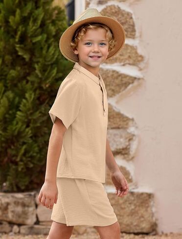 JiAmy Boy's 2 Piece Summer Outfits Casual Henley Button Down Short Sleeve Shirts and Short Sets Kids Clothes Pants Sets in Kuwait