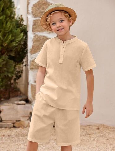 JiAmy Boy's 2 Piece Summer Outfits Casual Henley Button Down Short Sleeve Shirts and Short Sets Kids Clothes Pants Sets in Kuwait