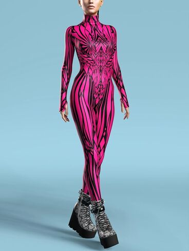 النيون الوردي التكافل bodysuit نساء الخيال الخيال الخيال الحزب تأثيري الأزياء بسم بذلة نمط مع سحاب خفي in Saudi Arabia