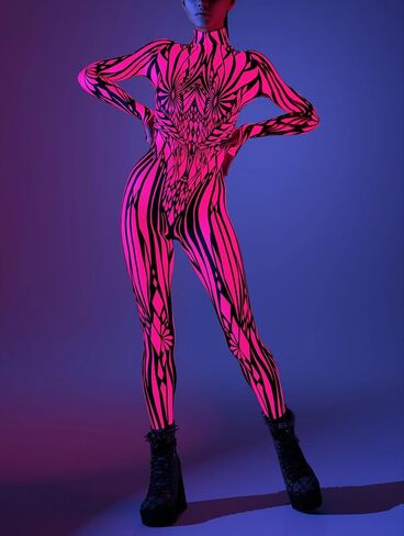 النيون الوردي التكافل bodysuit نساء الخيال الخيال الخيال الحزب تأثيري الأزياء بسم بذلة نمط مع سحاب خفي in Saudi Arabia