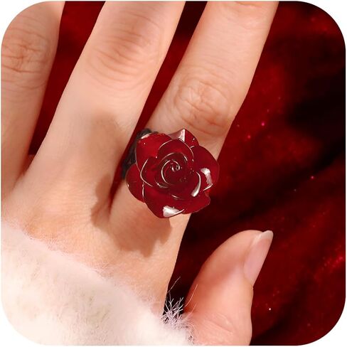 Vintage Red Rose Flower Rings Black Rose Band Rings Punk Gothic Open Statement Adjustable Flower Rings for Women Valentine Halloween Party Jewelry in Saudi Arabia