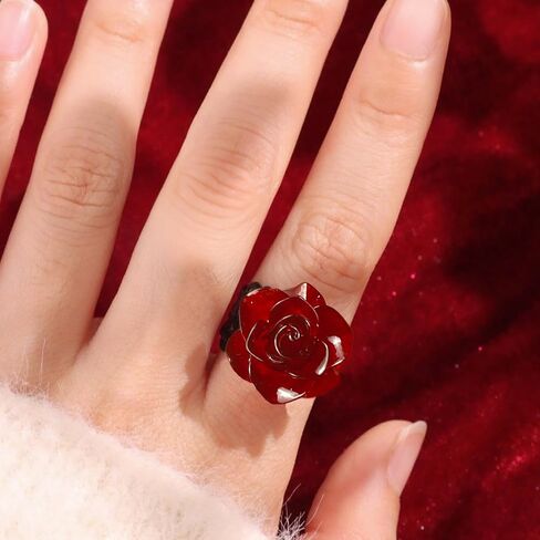 Vintage Red Rose Flower Rings Black Rose Band Rings Punk Gothic Open Statement Adjustable Flower Rings for Women Valentine Halloween Party Jewelry in Saudi Arabia