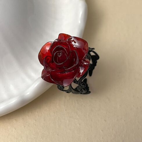 Vintage Red Rose Flower Rings Black Rose Band Rings Punk Gothic Open Statement Adjustable Flower Rings for Women Valentine Halloween Party Jewelry in Saudi Arabia