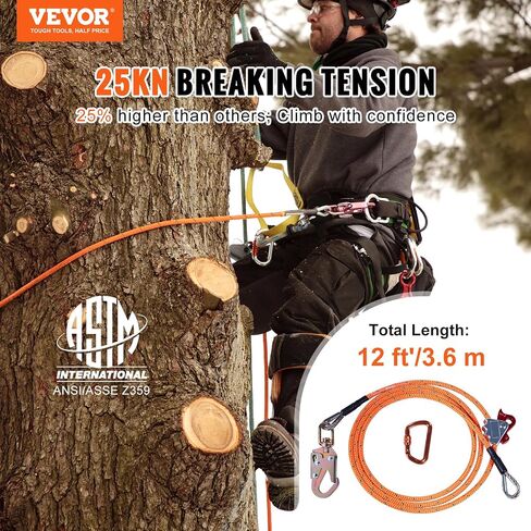 VEVOR 16 مم خط قلاب من الفولاذ، 12 قدم (3.6 متر) خط قلاب أربوريست، خط قلاب لتسلق الأشجار مع خطاف من سبائك الصلب وحلقة تسلق من سبائك الألومنيوم، 30KN كسر التوتر للحماية من السقوط، متسلق الأشجار in Saudi Arabia