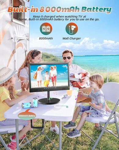 تلفزيون ديسوبري 19 بوصة محمول للتخييم، تلفزيون بطارية 8000 مللي أمبير في الساعة محمول لانقطاع التيار الكهربائي، حامل قابل للتعديل 180 درجة، مدخل HDMI 1080 بكسل، مدخل AV، USB، تلفزيون صغير للمطبخ وغرفة النوم والتخييم والفناء RV، بدون واي فاي in Kuwait
