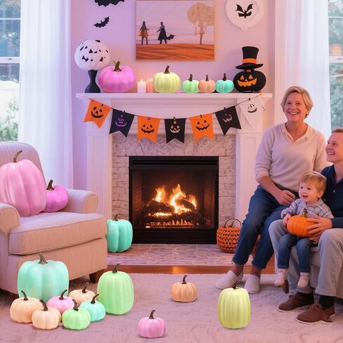 16 Pcs Neon Pumpkins Halloween Fall Neon Decor Colorful Artificial Pumpkin Bulk Assorted Size Harvest Hot Pink Purple Green Blue Fake Foam Pumpkin for Thanksgiving Autumn Halloween Farmhouse in Kuwait