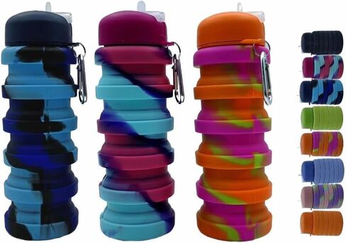 Collapsible Water Bottles 2 Pack 16oz(about 500ml), Travel Portable Sport Water Bottle, Silicone Foldable Water Bottles for Gym Camping Outdoor Hiking. (Blue Camouflage+Pink Camouflage) in Saudi Arabia