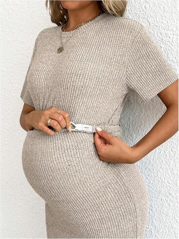 SHENHE Women's Maternity Ribbed 2 Piece Outfits Short Sleeve Crop Top Bodycon Slit Midi Skirt Set in Kuwait