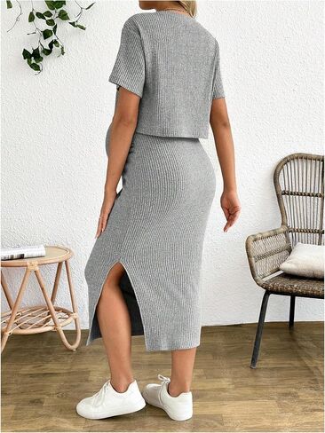 SHENHE Women's Maternity Ribbed 2 Piece Outfits Short Sleeve Crop Top Bodycon Slit Midi Skirt Set in Kuwait