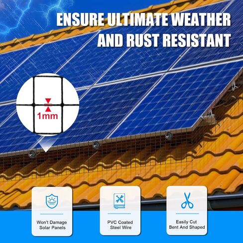 6in × 100 قدم حارس الطيور الشمسية - 1/2 "شبكة PVC أسود مجلفن صاف مقاومة للحرس ، واقي من الألواح الشمسية مع 70 مقاطع قفل ، قفازات ، مزج كماشة in Kuwait