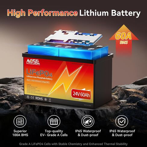 24v 60Ah LiFePO4 Lithium Battery - Low-Temp Protection,5000+ Cycles -Group 24 Grade A Lithium Iron Phosphate Battery cells, Rechargeable Battery for Trolling Motor, RV, Boat/Marine, Solar in Saudi Arabia