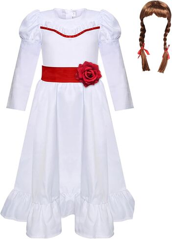 Horror Movie Annabelle Costume Adult Kids Anna Cosplay White Dress with Waistband Annabelle Wig Halloween Suits in Kuwait