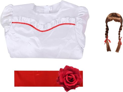 Horror Movie Annabelle Costume Adult Kids Anna Cosplay White Dress with Waistband Annabelle Wig Halloween Suits in Kuwait