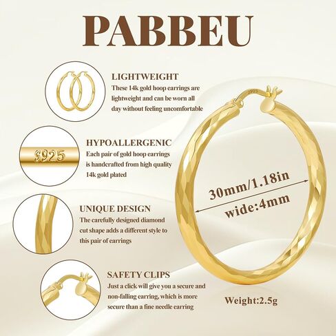 أقراط Pabbeu Gold Hoop للنساء Hypoallergenic 14k مطلي بالذهب مطلي بالقرط الماسي 925 الأطواق الفضية الاسترليني الأطواق الكبيرة المقطوعة in Kuwait