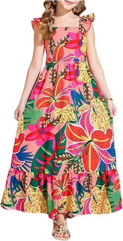 Floerns Girl's Tropical Print Ruffle Sleeveless A Line Dress Flounce Hem Maxi Dresses in Saudi Arabia