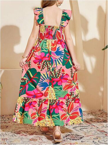 Floerns Girl's Tropical Print Ruffle Sleeveless A Line Dress Flounce Hem Maxi Dresses in Saudi Arabia