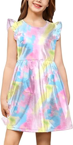QPANCY Girls Party Dress Ruffle Sleeve Shiny Metallic Dresses Kids Disco Prom Outfits in Saudi Arabia