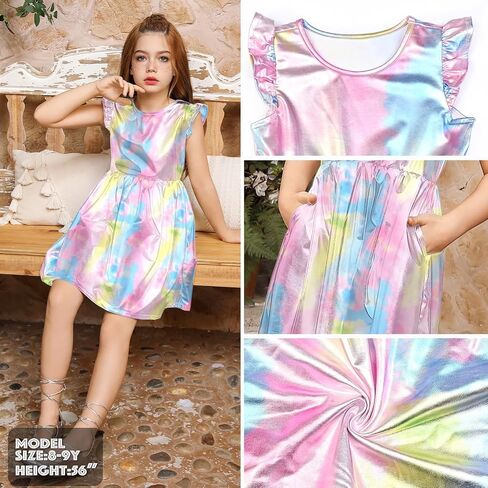 QPANCY Girls Party Dress Ruffle Sleeve Shiny Metallic Dresses Kids Disco Prom Outfits in Saudi Arabia