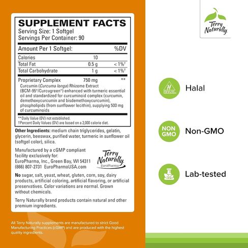 Terry Naturally CuraMed 750mg - Antioxidant Supplement for Brain & Heart Health Support - Dietary Supplement with High-Potency Curcumin Complex - Kidney, Liver & Immune Health Support - 120 Softgels in Saudi Arabia