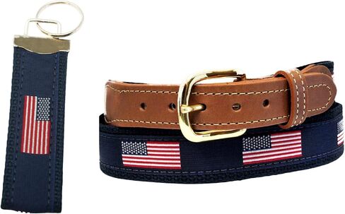 American Flag Belt on Navy Webbing, Leather Tips, with American Flag Key Chain in Saudi Arabia