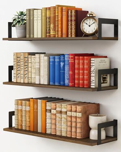 Floating Book Shelves for Wall 3-Pack, 24 Inch Long Wall Mount Bookshelf for Bedroom, Rustic Farmhouse Wood Hanging Bookshelves for Living Room Office Books Plants (Dark Brown) in Kuwait