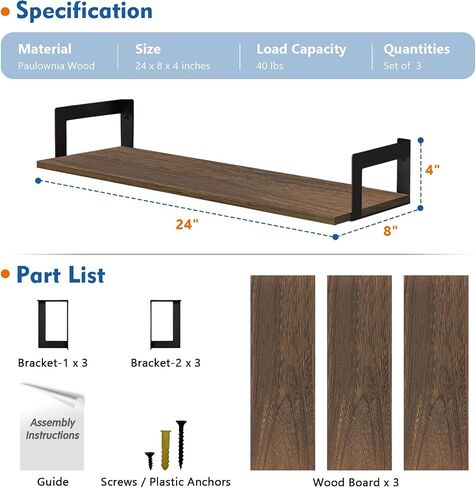 Floating Book Shelves for Wall 3-Pack, 24 Inch Long Wall Mount Bookshelf for Bedroom, Rustic Farmhouse Wood Hanging Bookshelves for Living Room Office Books Plants (Dark Brown) in Kuwait