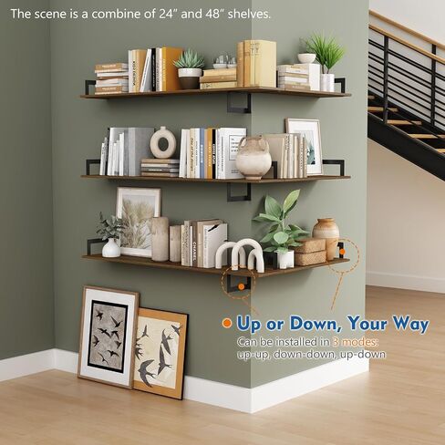 Floating Book Shelves for Wall 3-Pack, 24 Inch Long Wall Mount Bookshelf for Bedroom, Rustic Farmhouse Wood Hanging Bookshelves for Living Room Office Books Plants (Dark Brown) in Kuwait