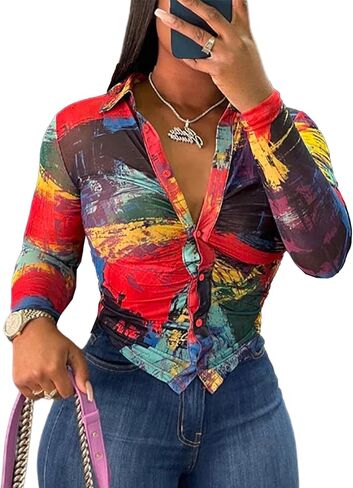LovelyWholesale Women Sexy Button Down Shirts Long Sleeve Collared Tie Dye Tops in Kuwait