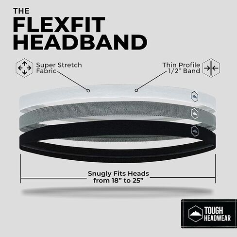 Tough Headwear Athletic Headband Set - Thin Headbands for Women - Elastic Sport Hair Bands Men - Skinny Sports Hairbands - Non Slip Athletic Head Bands - Black, Gray, and White in Saudi Arabia